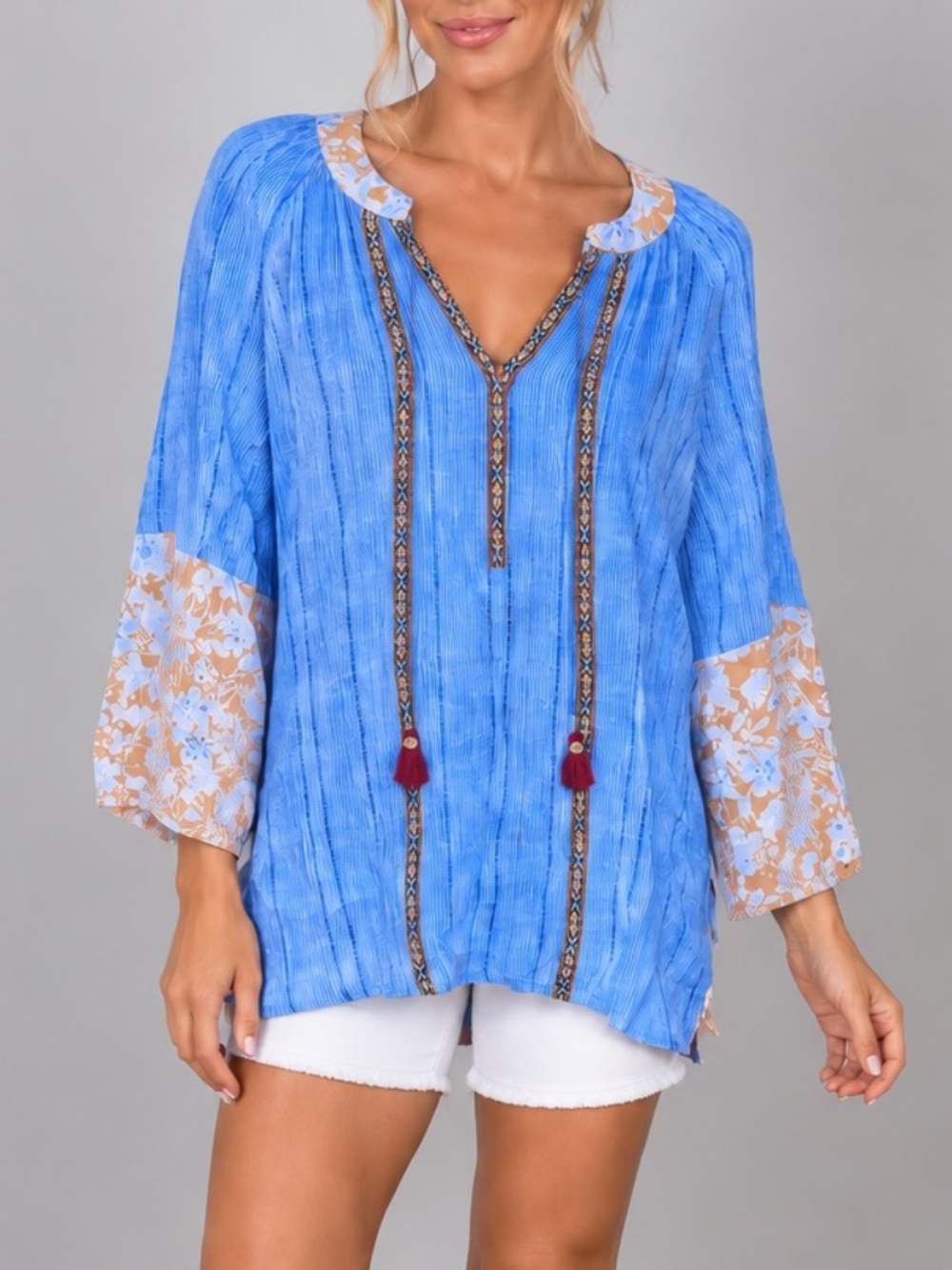 Melissa Paige V-Neck Top Boho Striped Floral Embroidery Tassel Peasant Petite Sm